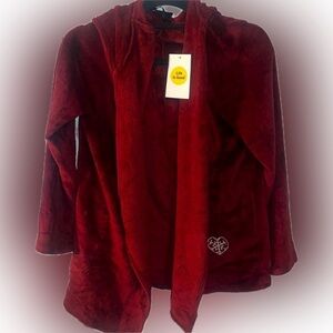 Life is Good Red Plush Hooded Lounge Cardigan Robe Cozy Fleece